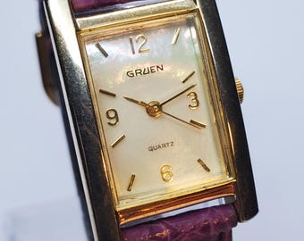 Gruen Mother of Pearl Dial Gold Tone Quartz Tank Watch, 1980s, Working