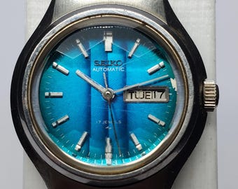 Seiko 2206-0880 Blue Cut Glass Automatic Ladies Dress Watch, 28x31mm, 1973, Working