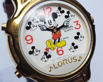 Orologio musicale animato Seiko Lorus Disney Mickey, raro, 34 mm, anni '90, funzionante.
