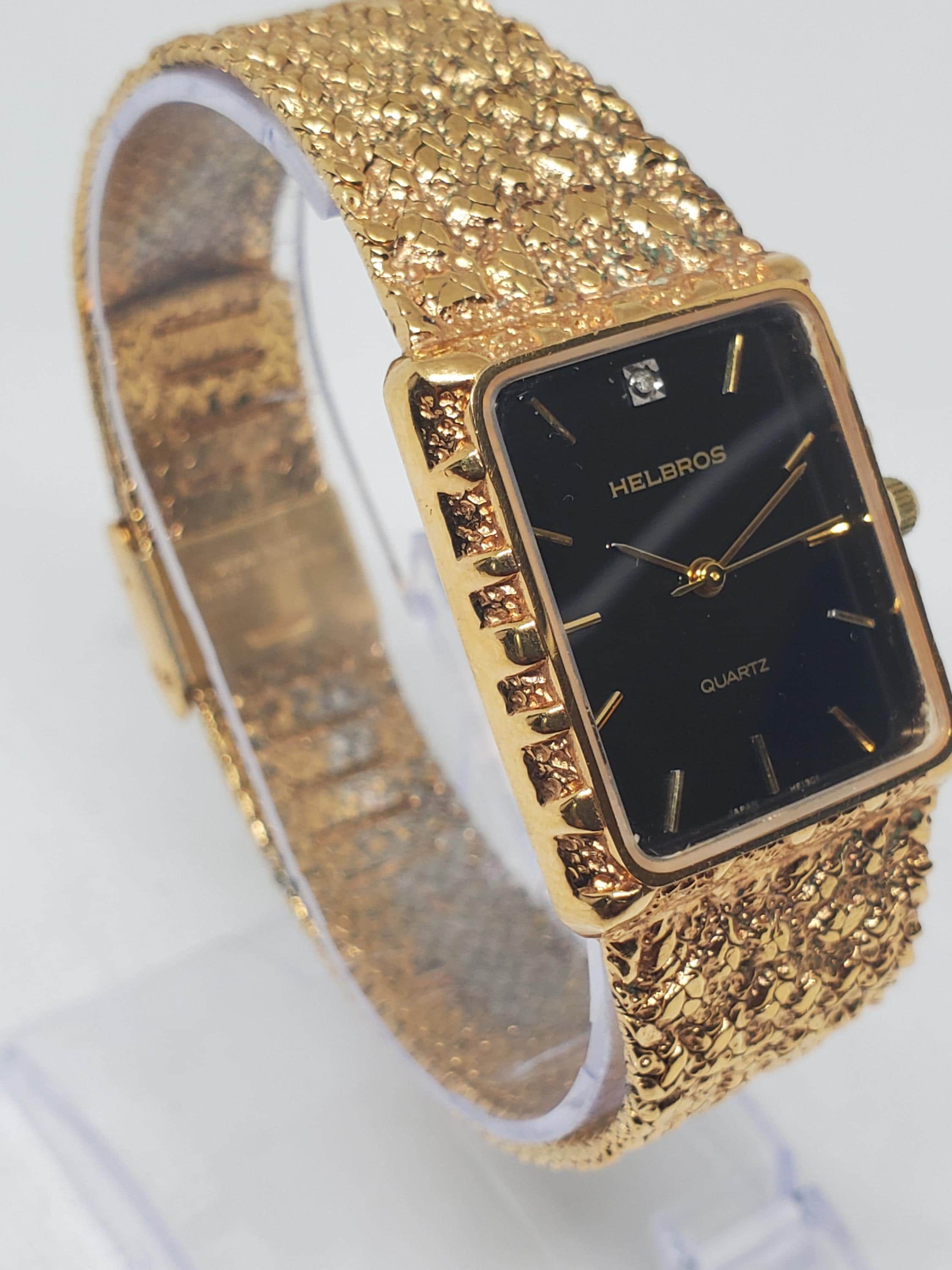 Helbros 282 Y121 Gold Nugget Black Dial Quartz Dress Watch, 1982