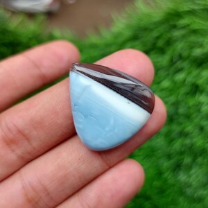May include: A polished gemstone with a triangular shape. The stone features a light blue base with a white stripe and a dark brown and black section at the top. The gemstone is held in a hand against a blurred green background.