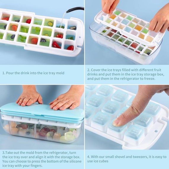Press Type Ice Cube Maker,Ice Tray With Storage Bin,5 In 1 Easy