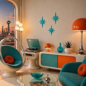 Op de afbeelding: Een retro woonkamer met turquoise en oranje accenten. Het bevat een bubbelstoel, een platenspeler, een lage kast en een glazen salontafel. Decoratieve sterren sieren de muur en een stadsgezicht is zichtbaar door een groot raam.