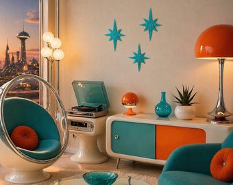 Estrellas de la era moderna de mediados de siglo. Listas para exhibir. Retro, era espacial/atómica. Vintage, estilo retro moderno de mediados de siglo, estilo MCM.