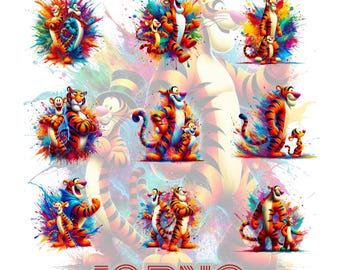 10 Tigger Clipart PNG Bundle, Colorful Splash Art, Digital Download for Sublimation & Crafts