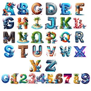Letras del alfabeto de Stitch PNG SVG, paquete de fuentes de Lilo Stitch, letras de dibujos animados de acuarela, sublimación de fiesta de bebé, lindo doodle clipart