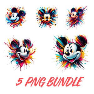 5 Mickey Mouse Splash Portrait PNG | High-Resolution Watercolor Digital Art | Transparent Sublimation File | Instant Download