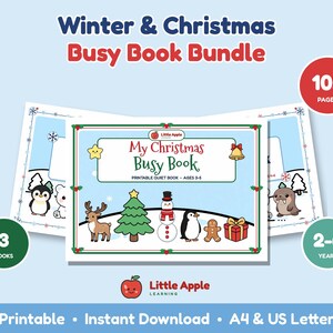 May include: A Winter & Christmas Busy Book Bundle featuring 105 pages across 3 books for ages 2-6. The cover displays the text My Christmas Busy Book, Printable Quiet Book, Ages 3-5, with illustrations of a reindeer, tree, snowman, penguin, gingerbread man, and gift.