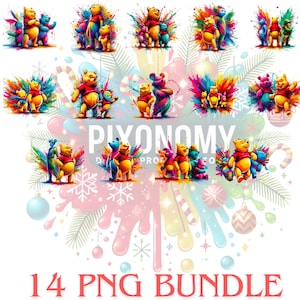 14 Winnie the Pooh Splash Art Clipart Bundle - Vibrant Watercolor Pngs, Instant Download, Cute Pooh Bear Family, Transparent Background