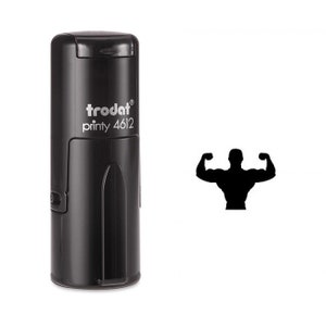 Op de afbeelding: Zwarte zelf-inktende stempel met de tekst "trodat printy 4612" en een silhouet van een persoon met de armen omhoog in een spierpose.