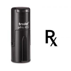 Op de afbeelding: Zwarte zelf-inktende stempel met de tekst "trodat printy 4612" en de letter "Rx" in een wit rechthoek.