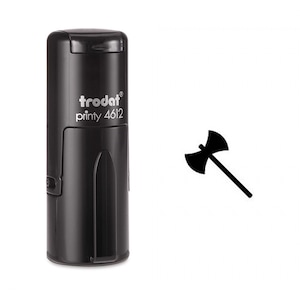 Puede incluir: Sellos de tinta automática negro con un icono de hacha negro y el texto "trodat printy 4612".