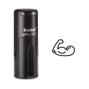 Op de afbeelding: Zwarte zelf-inktende stempel met de tekst "trodat printy 4612" en een zwart-wit pictogram van een biceps die buigt.
