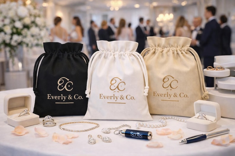 May include: Three drawstring bags in black, white, and beige, each with the gold text "Everly & Co." displayed. Various jewelry items, including rings, bracelets, and earrings, are arranged in front of the bags. A pen and a small black object are also visible.