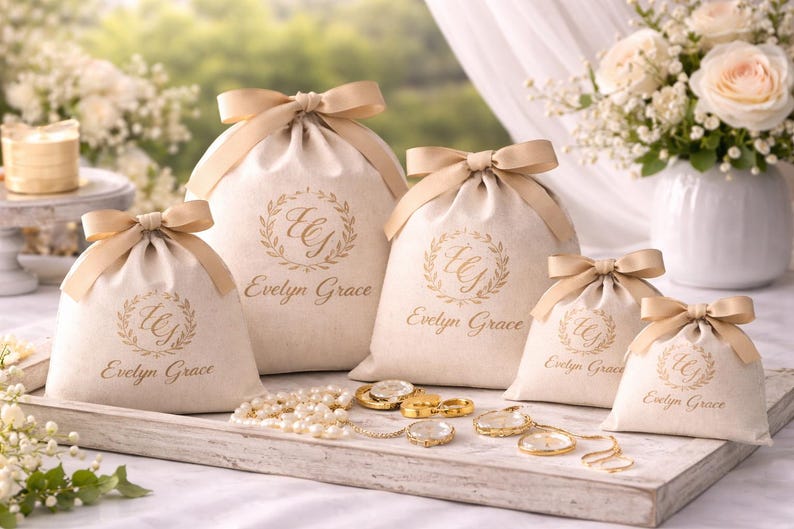 May include: Cream-colored drawstring bags with gold bows, featuring a gold wreath and the text "Evelyn Grace." The bags are arranged on a wooden tray with jewelry, including necklaces and rings. A candle and flowers are in the background.