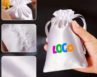 Bolsas de regalo de satén con cordón y logotipo personalizado, bolsa para joyas