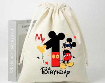 Bolsa de regalo de cumpleaños personalizada de Mickey Mouse, bolsa de algodón con cordón