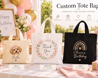 Könnte beinhalten: Drei individuelle Tragetaschen in den Größen klein, mittel und groß. Die kleine Tasche ist cremefarben mit einer Welpenillustration und dem Namen Bella. Die mittlere Tasche ist weiß mit einem Blumenkranz und dem Text Thank You. Die große schwarze Tasche hat einen goldenen Regenbogen.
