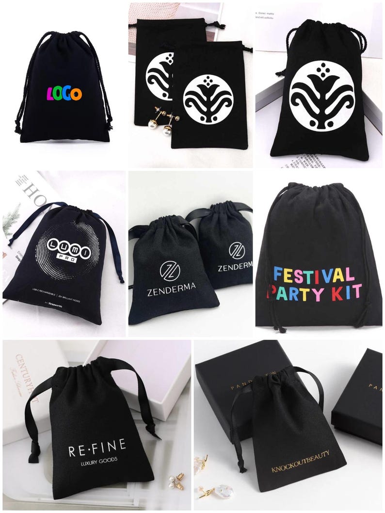 Custom Logo Black Cotton Drawstring Bag, Jewelry Packaging Pouch - Etsy
