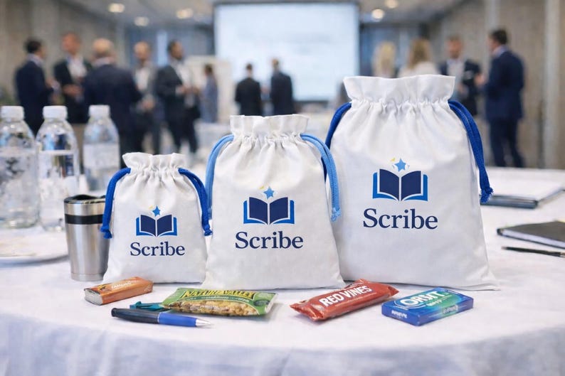 May include: Three white drawstring bags with blue drawstrings, each printed with the "Scribe" logo and a blue book icon. The bags are on a white tablecloth with snacks, a pen, and water bottles. A conference is in the background.