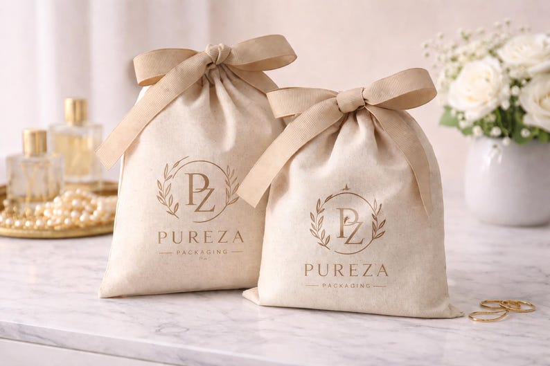 May include: Two beige drawstring bags with tan ribbon bows. Each bag has a gold logo that reads "PZ PUREZA PACKAGING". The bags are on a marble surface, with a vase of white roses in the background.