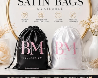 May include: Two drawstring satin bags, one black and one white, each featuring the pink text BM Briah Man Collection and a social media handle. The bags are displayed with promotional text including Black & White Satin Bags Available.