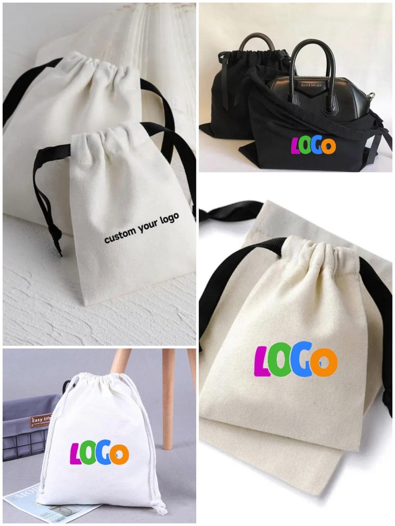 May include: Four white cotton drawstring bags with black drawstrings. The bags are shown in different positions and have different text printed on them. One bag says "custom your logo", another says "LOGO" in colorful letters, and another says "LOGO" in white letters.