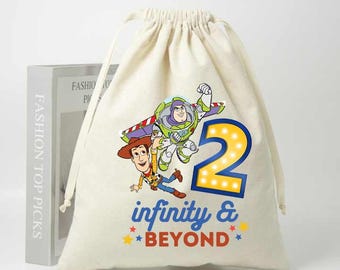 Sacchetti per bomboniere di compleanno Infinity and Beyond, borsa con coulisse in cotone per bambini, set da due