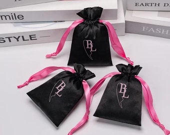 Black Satin Bag with Pink Satin Ribbon in various Bag sizes - 3x4, 3x5, 4x6, 5x7, 6x8, 8x10, 10x12, 12x14, 12x16 in inches