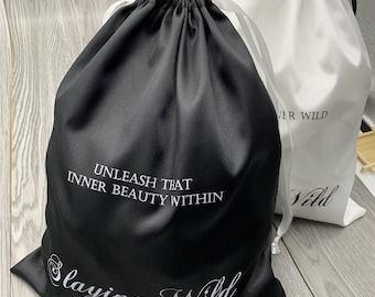 Custom Logo Satin Drawstring Bag, Black or White, Bulk Dust Bag