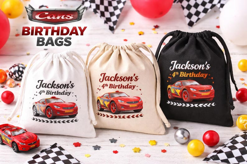 May include: Three drawstring birthday bags in white, tan, and black, each featuring a red race car graphic and the text "Jackson's 4th Birthday." The bags are decorated with race-themed elements.