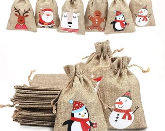 Bolsas de arpillera navideñas con cordón para regalos y fiestas.