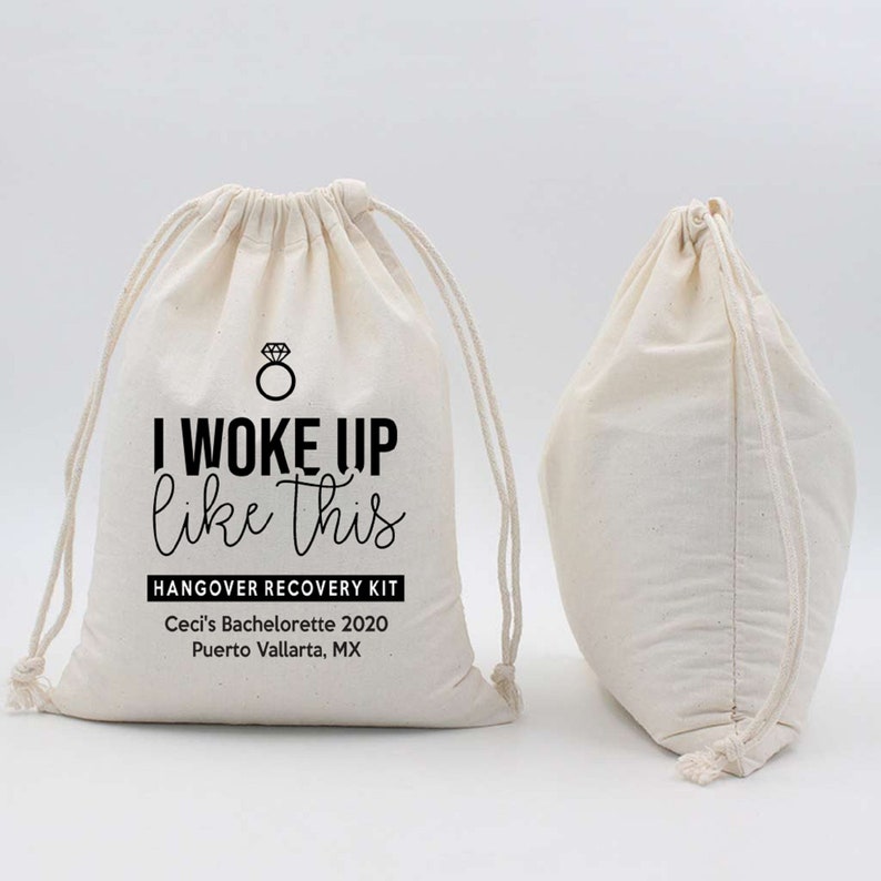 Set of 20 I Woke Up Like This Hangover Kit Bag Bridesmaid Gift Bachelorette Party Favours Muslin Wedding Bag