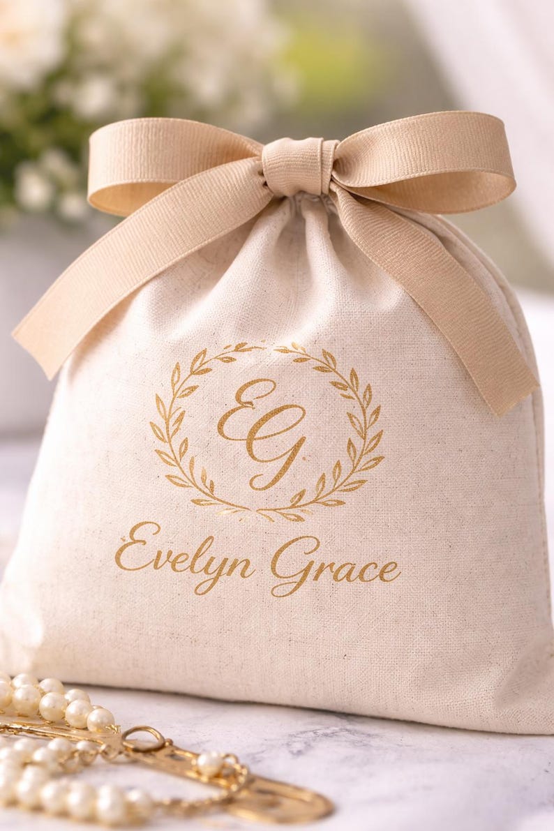 May include: A beige drawstring bag with a matching ribbon bow at the top. The bag features a gold-colored wreath design with the initials "E G" and the name "Evelyn Grace" printed below. The bag is made of a textured fabric.