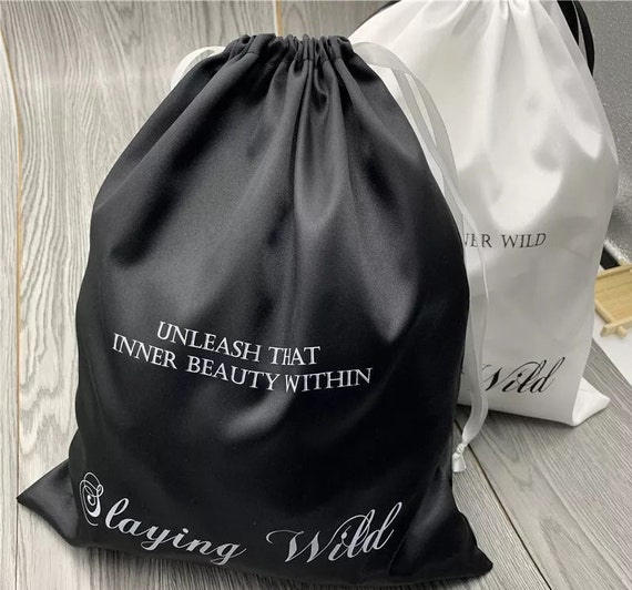 Custom Logo Black White Logo Print Large Silk Satin Drawstring