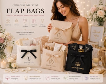 Könnte beinhalten: Drei Stofftaschen mit Umschlag in Weiß, Beige und Schwarz, jeweils mit einer Satinschleife und einem aufgedruckten Logo versehen. Die weiße Tasche zeigt LUNA & CO., die beige BELLA ROSE und die schwarze MAISON NOIR. Jede Tasche enthält Geschenkartikel.
