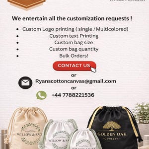 May include: The image showcases drawstring bags in various colors, including beige, white, and black. The bags feature custom printing options for logos, text, and sizes. The text on the bags includes "WILLOW & SAGE" and "GOLDEN OAK - JEWELRY-". The image also displays the text "BUY NOW" and "CONTACT US".