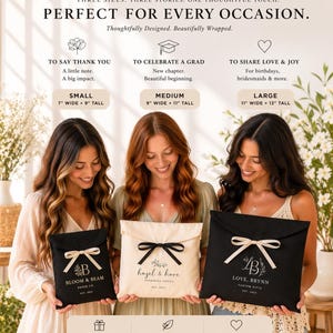 May include: Three women holding gift bags in small, medium, and large sizes. The bags are black and beige with bows and custom logos. Text on the image reads: "Perfect for every occasion."