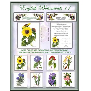 May include: A set of 8 botanical note cards featuring pressed flowers. The cards are packaged with envelopes in a clear pouch. The front of the cards feature a sunflower, a purple flower, a red flower, a yellow flower, a blue flower, a purple flower, a pink flower, and a yellow flower. The back of the cards feature a quote from Margaret Stones, a botanical watercolorist. The quote reads: "She established a series of botanical graphs in "Curtis Botanical Magazine" from 1970 through the 1980s. She is considered one of the foremost contemporary Botanical Artists."