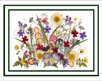 Puede incluir: Un arreglo de flores prensadas que presenta una variedad de flores coloridas, incluyendo flores moradas, azules, amarillas, rojas y rosas. Las flores están dispuestas en forma de ramo y se colocan sobre un fondo blanco. El arreglo está firmado "Susan."