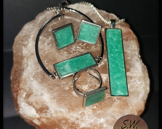 Mermaid Green Jewelry Set, Bracelet, Ring, Necklace, Earrings