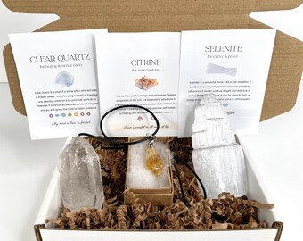 Healing Crystals Gift Set Crystal Selenite Tower Crystal Citrine Pendant Crystal Clear Quartz gift box metaphysical properties crystals