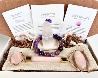 Rose quartz box Crystals box gift self care box Gift self love crystal rose quartz face roller crystal Amethyst bracelet Gift for her Gift