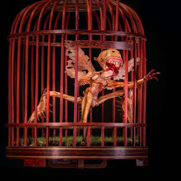 Hellboy Tooth Fairy Figurine - in Vintage Bird Cage | Dark Gothic Horror Decor
