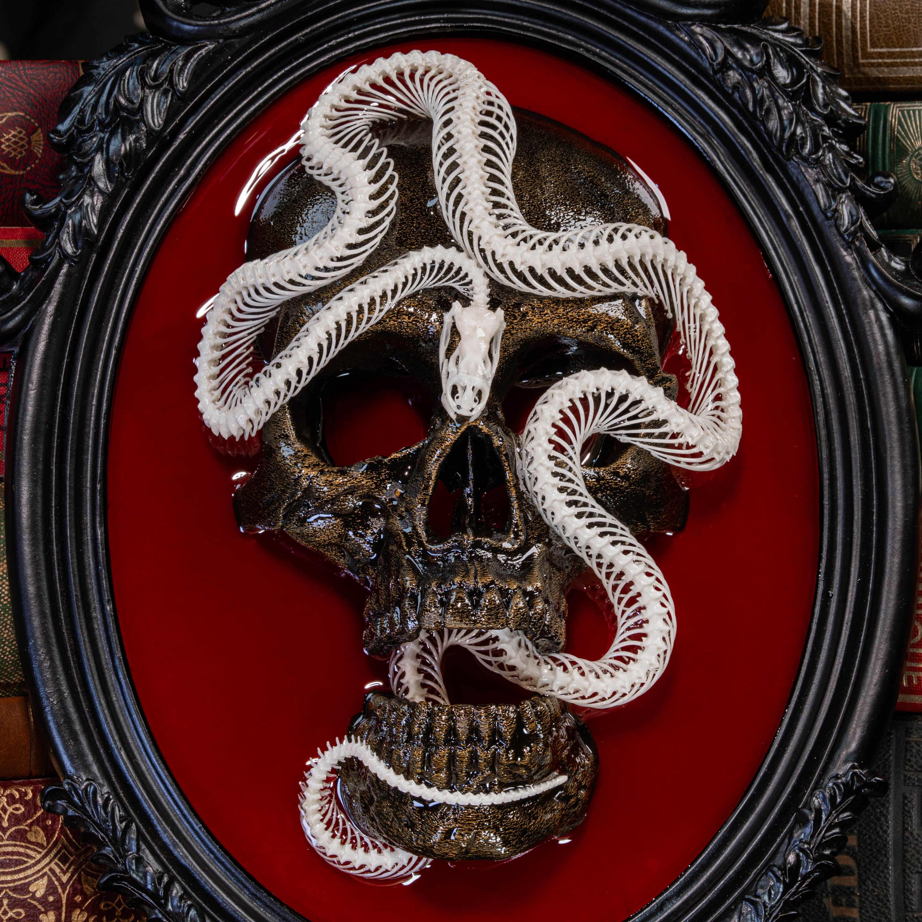 Real Snake Skeleton Art: Gothic Skull in Red Velvet Baroque Frame