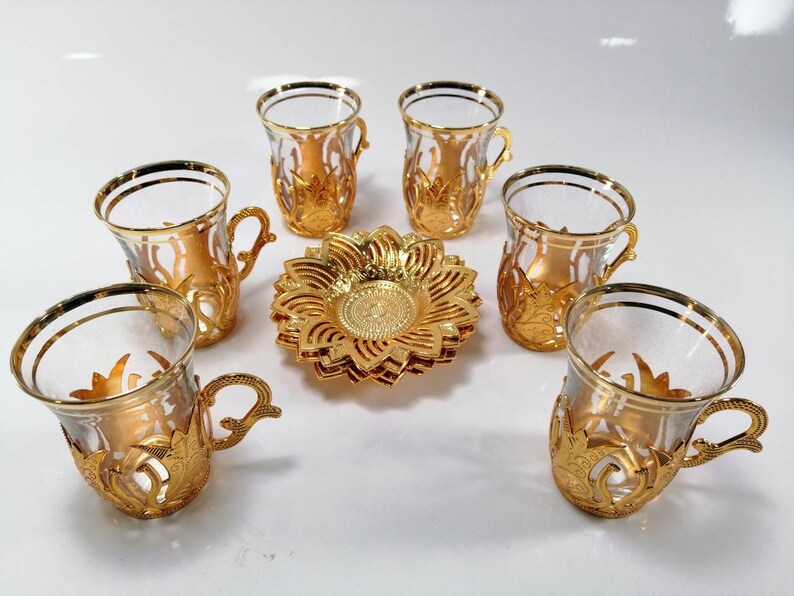 Turkish Tea Cup Tea Set Gold Colored Tea Set Turkish Tea Etsy