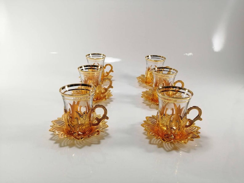 Turkish Tea Cup Tea Set Gold Colored Tea Set Turkish Tea Etsy