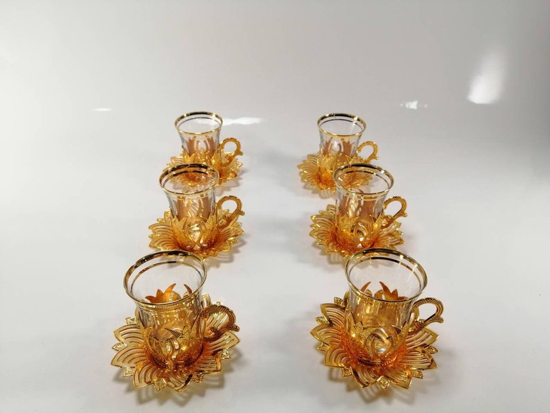 Turkish Tea Cup Tea Set Gold Colored Tea Set Turkish Tea Etsy