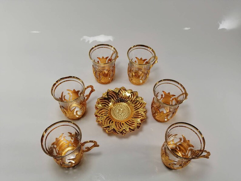 Turkish Tea Cup Tea Set Gold Colored Tea Set Turkish Tea Etsy