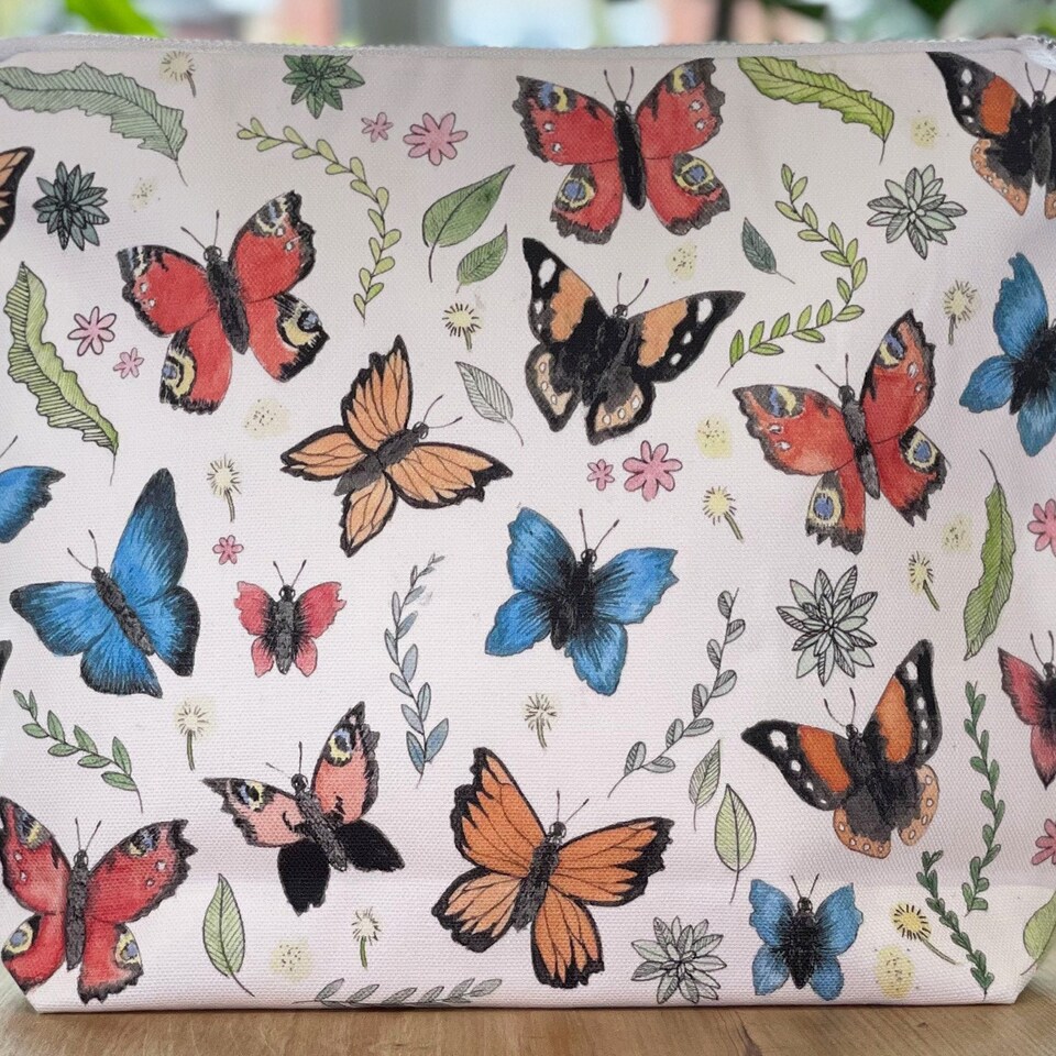 Discover Butterflies Wash Bag, Butterfly Makeup Bag, Nature Cosmetic Bag, Cotton